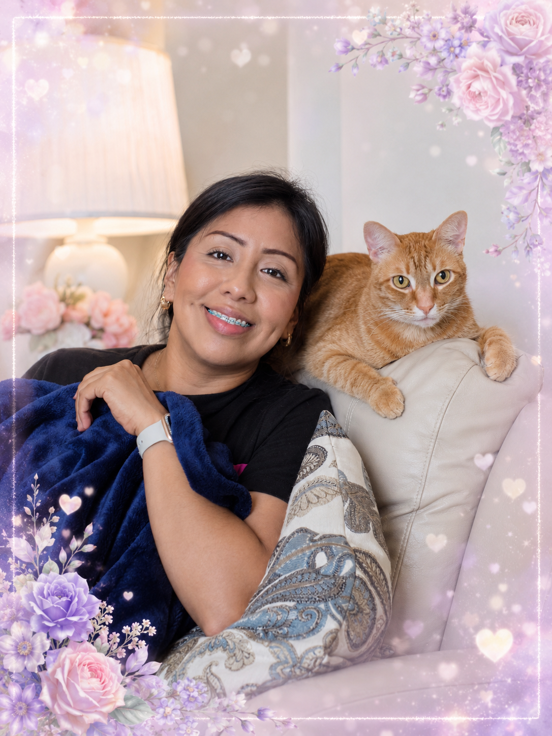 Mary, a compassionate caregiver in Conroe, Texas, sitting with her cats