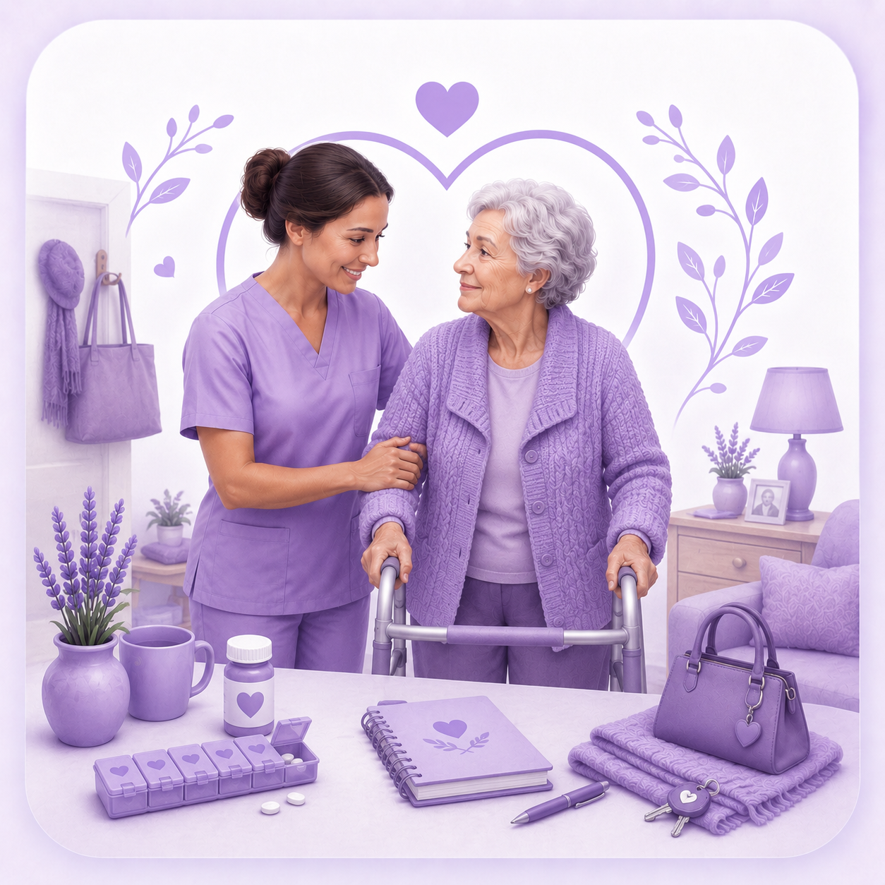 Caregiver providing support with health logistics, mobility, and companionship in a calm home setting