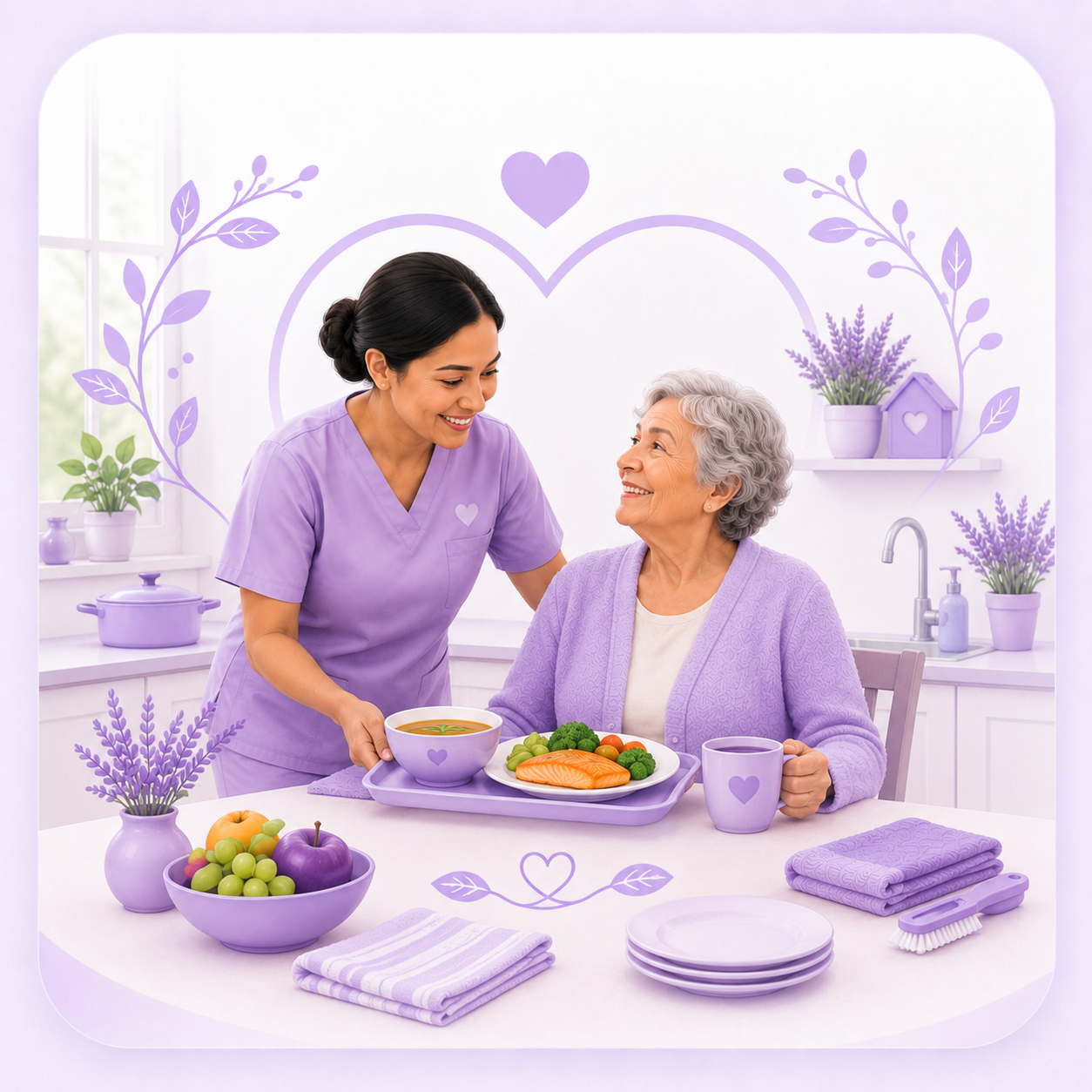 Mary serving a nutritious meal to an older woman in a clean and welcoming home kitchen