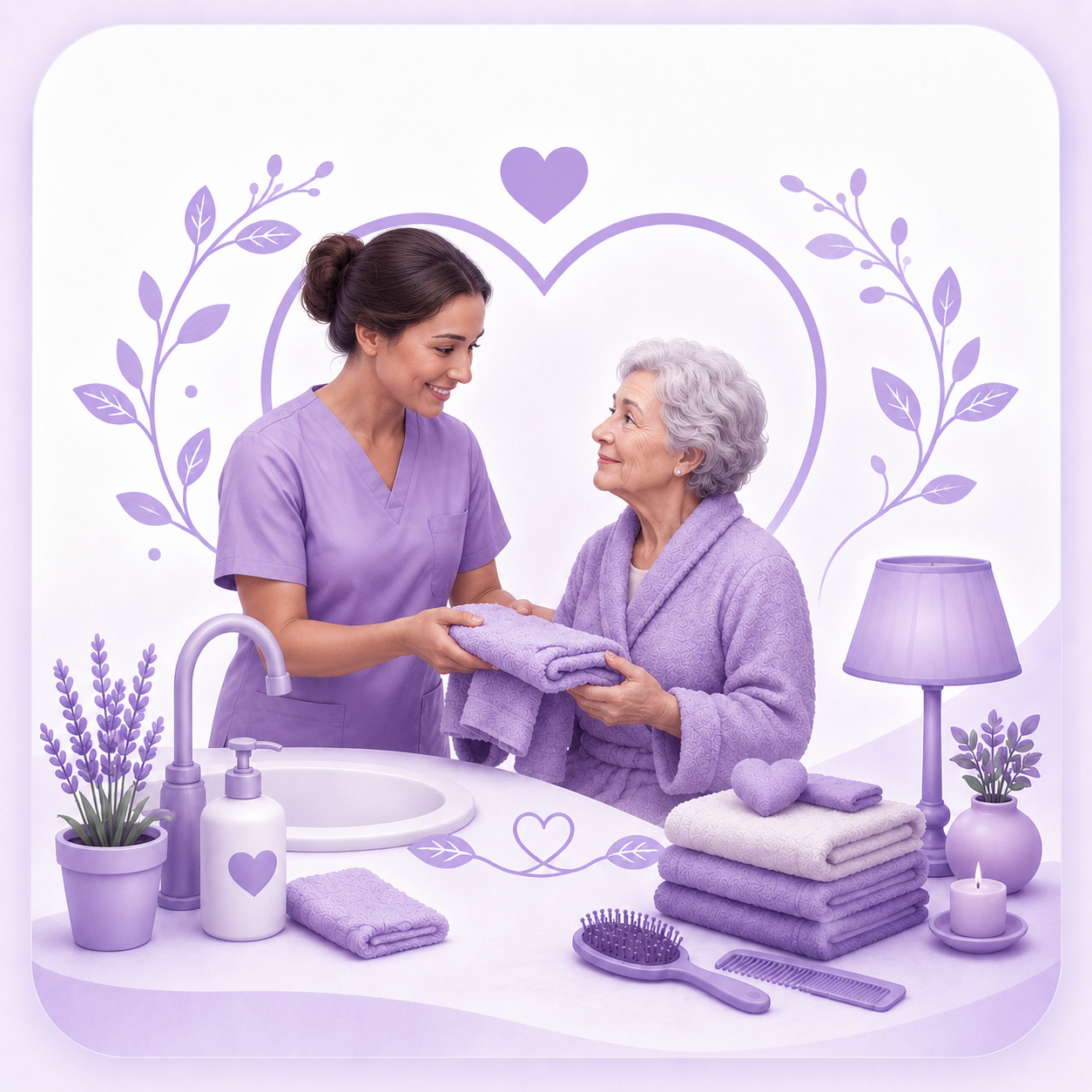 Caregiver respectfully assisting an older woman with towels and personal hygiene support in a comfortable home setting