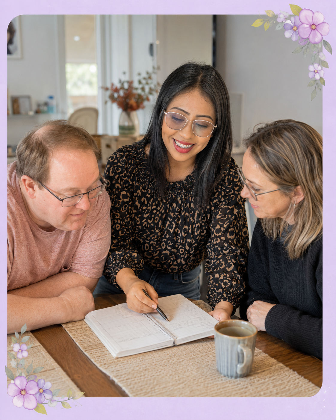 A caregiver reviewing a personalized home care schedule with a client in Conroe, Texas