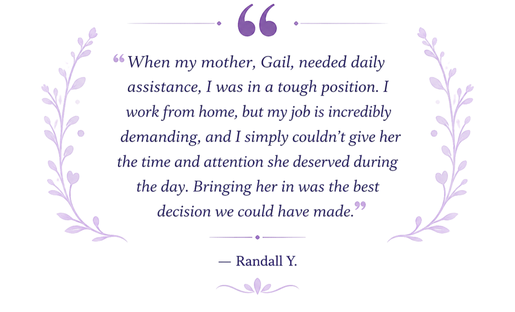 Testimonial from Randall Y about Mary’s Caregiving providing compassionate daily assistance for his mother Gail in Conroe, Texas
