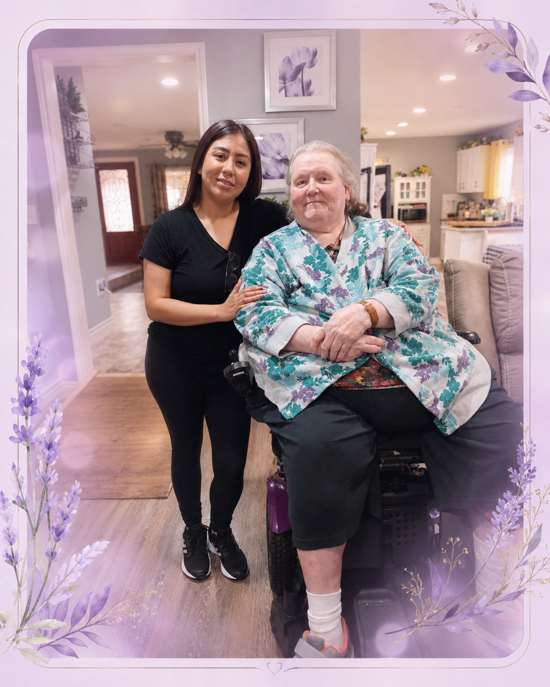 Mary Torrolba standing beside a smiling client in a cozy home setting, reflecting compassionate in-home caregiving in Conroe, Texas.