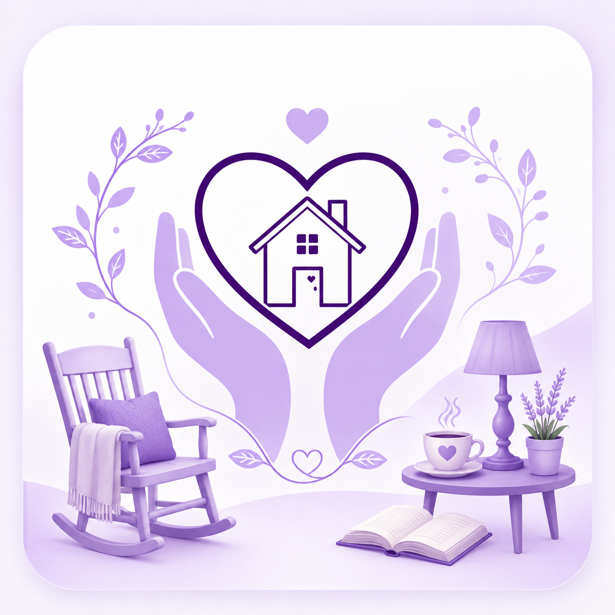 Illustration of a warm in-home care setting with a lavender home, rocking chair, and comforting caregiving details