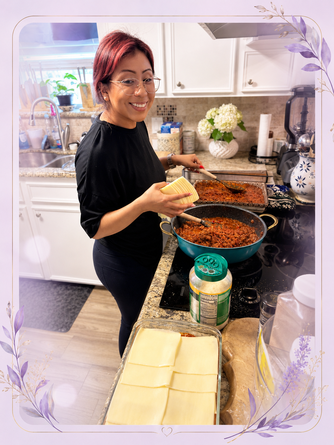 Mary Torrolba wearing purple scrubs while preparing a home-cooked meal in a client’s kitchen in Conroe, Texas.