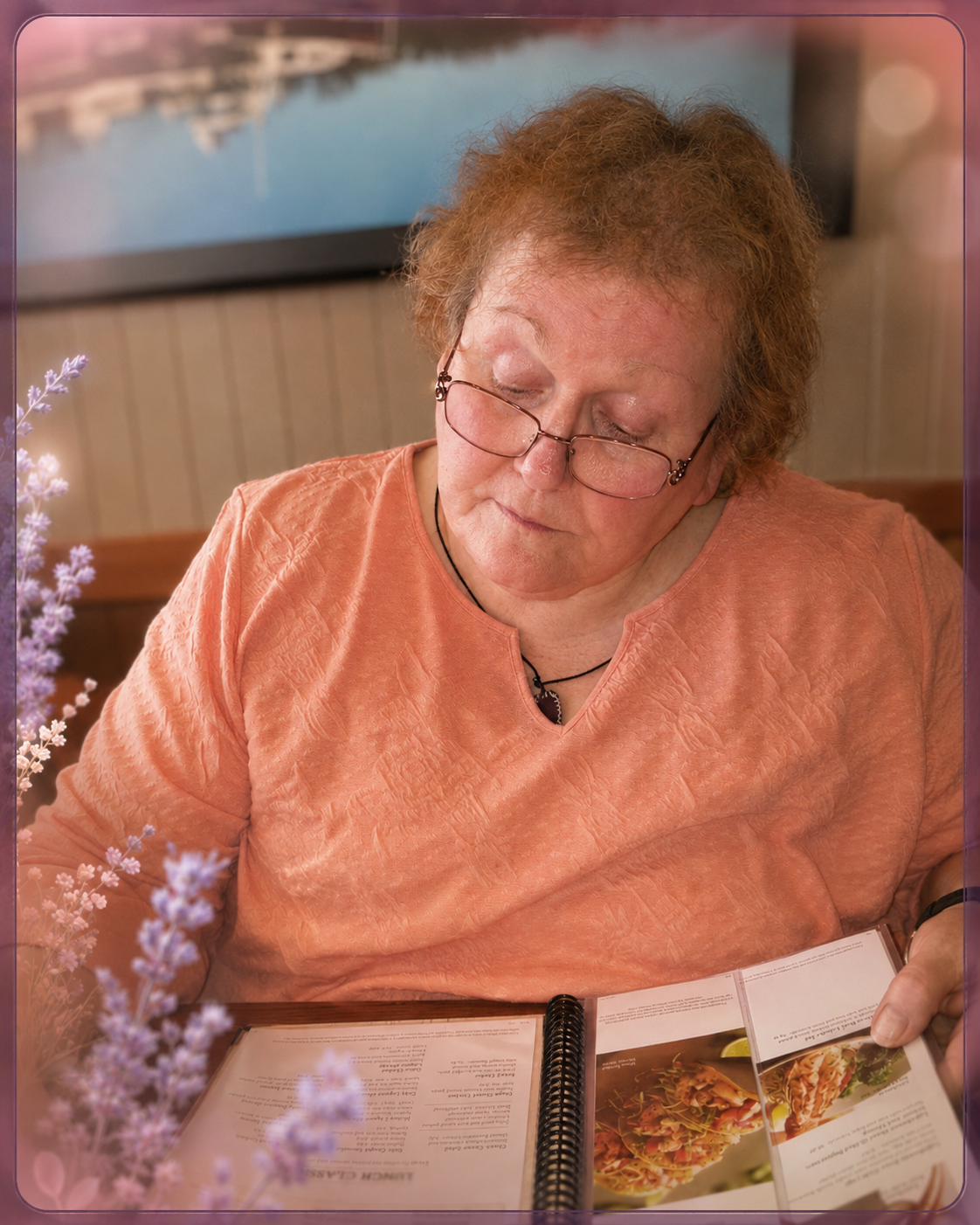 Gail reading a restaurant menu during an outing