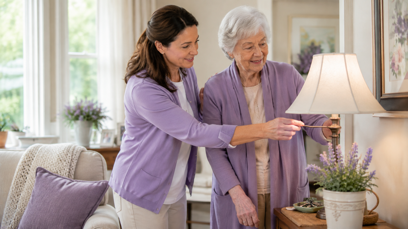 Caregiver helping an older woman adjust a lamp in a bright, organized living room