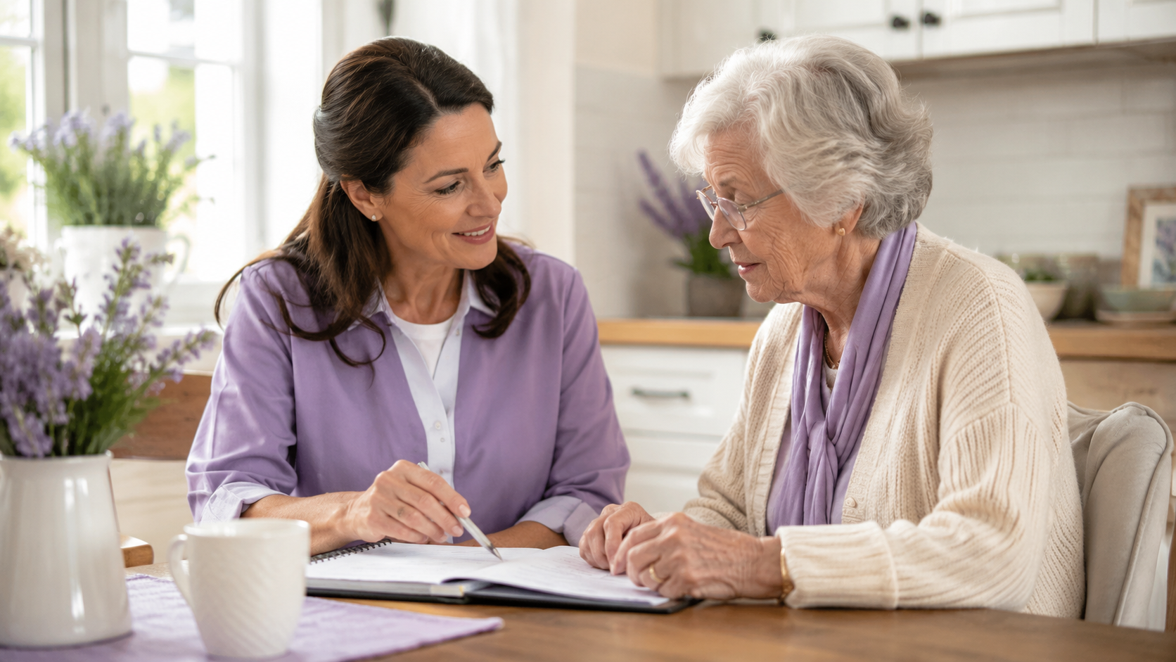 Caregiver seated beside an older woman at a kitchen table while reviewing notes together