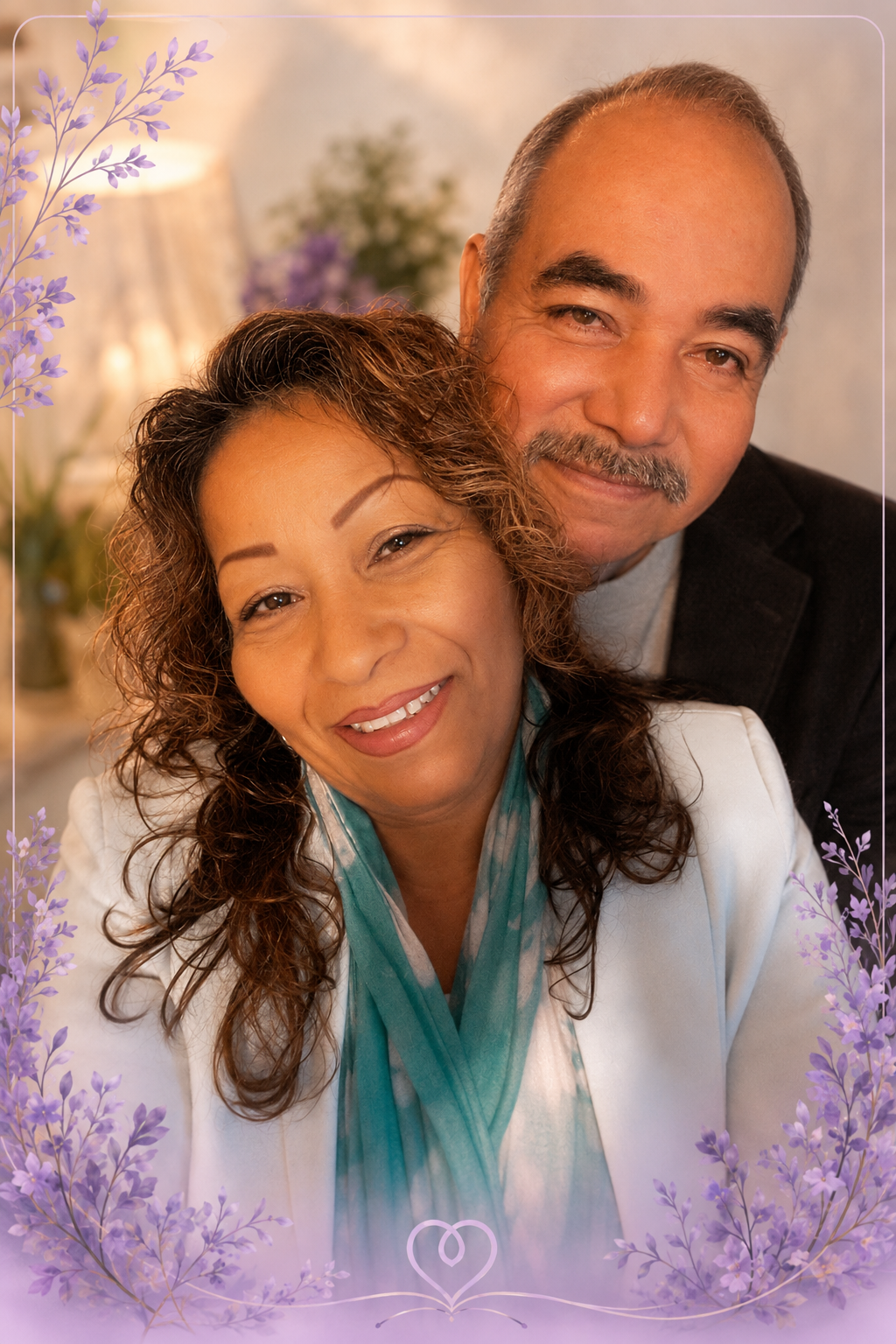 Pedro smiling beside his wife in a close portrait