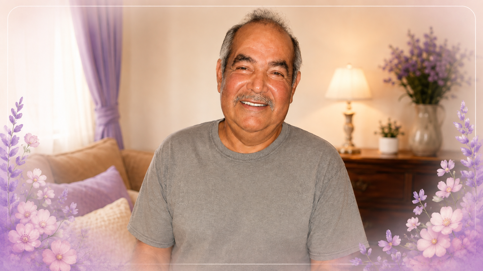 Cozy home setting with a chair, lavender blanket, flowers, and Mary’s Caregiving client story design