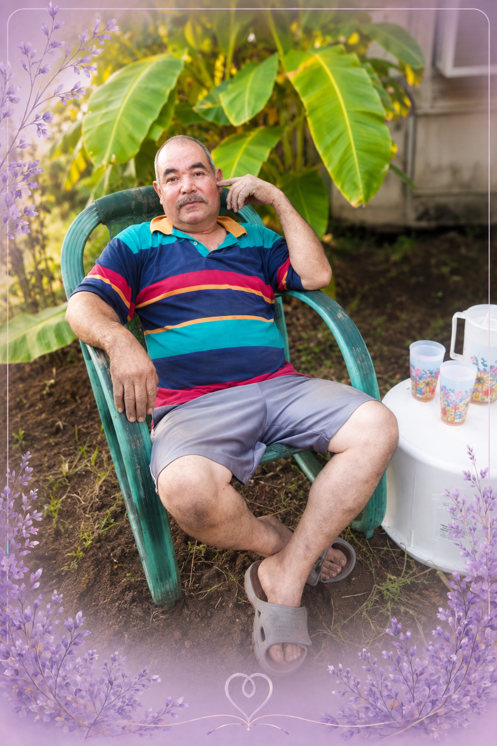 Pedro seated outdoors in a chair surrounded by greenery